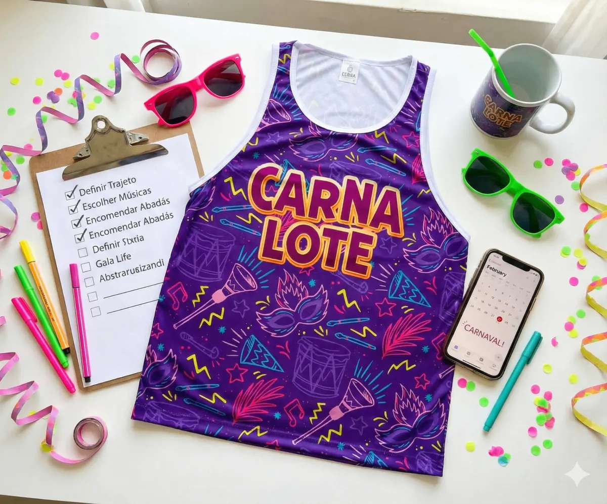 Bloco de carnaval vestindo abadás personalizados produzidos pela Dobra Camisetas