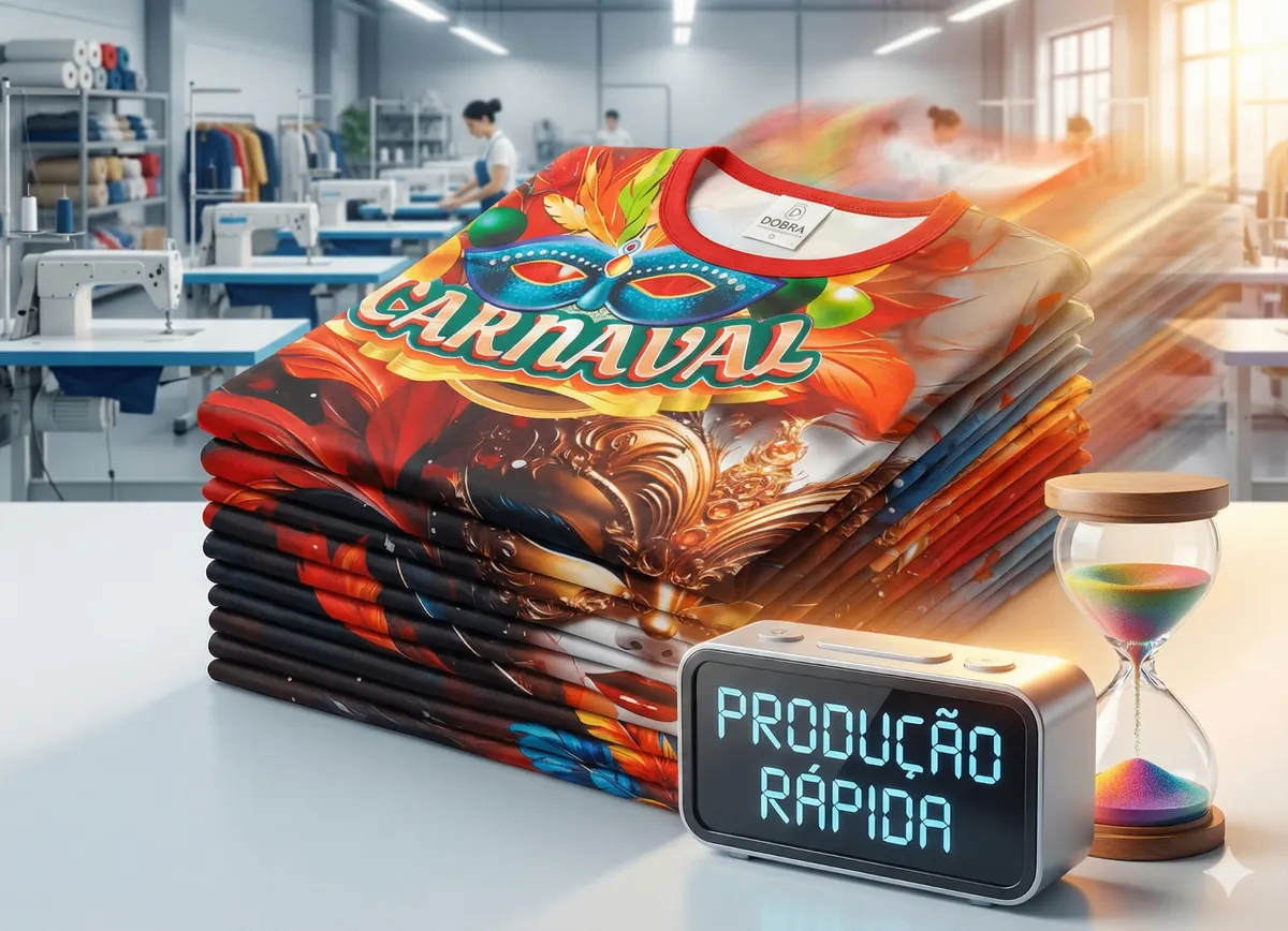 Produção de abadás personalizados em malha DryFit na fábrica da Dobra Camisetas em Belo Horizonte